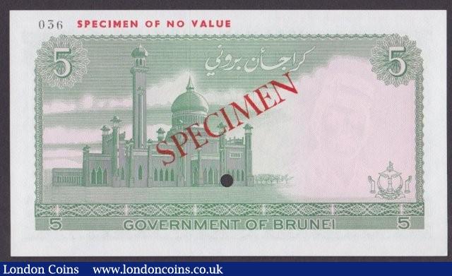 London Coins : A140 : Lot 428 : Brunei 5 ringgit issued 1979, Specimen No.036, SPECIMEN ovpt. & one punch-hole, Pick...