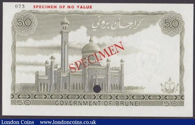 London Coins : A140 : Lot 429 : Brunei 50 ringgit issued 1973, Specimen No.073, SPECIMEN ovpt. & one punch-hole, Pic...