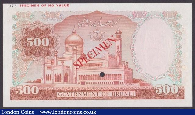 London Coins : A140 : Lot 430 : Brunei 500 ringgit issued 1979 printers Specimen No.073, SPECIMEN ovpt. & one punch-hole,...