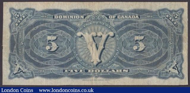 London Coins : A140 : Lot 476 : Canada, The Dominion of Canada $5 dated May 1st 1912 series B608728, blue seal, signed Hyndman-Bovil...