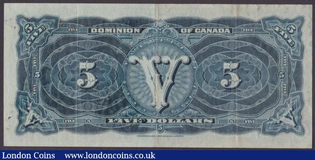 London Coins : A140 : Lot 477 : Canada, The Dominion of Canada $5 dated May 1st 1912 series C082491, blue seal, sign...