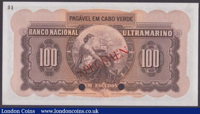 London Coins : A140 : Lot 481 : Cape Verde 100 escudos issued 1958, colour trial in brown No.51, series 000000, SPECIMEN...
