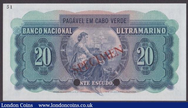 London Coins : A140 : Lot 486 : Cape Verde 20 escudos issued 1958, colour trial in blue No.51, series 000000, SPECIMEN o...