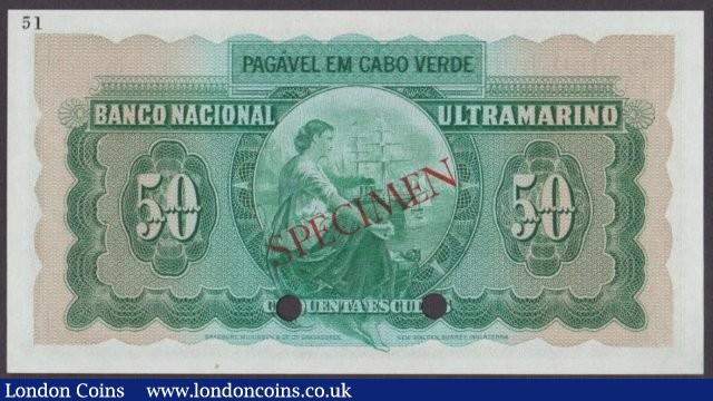 London Coins : A140 : Lot 487 : Cape Verde 50 escudos issued 1958, colour trial in green No.51, series 000000, SPECIMEN ...