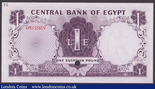 London Coins : A140 : Lot 500 : Egypt £1 dated 1965, colour trial in purple & blue No.75, SPECIMEN ovpt. & 1 p...