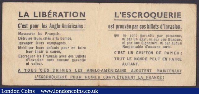 London Coins : A140 : Lot 515 : France Vichy propaganda anti Anglo-American leaflet, one side shows the Allied Military Currency...