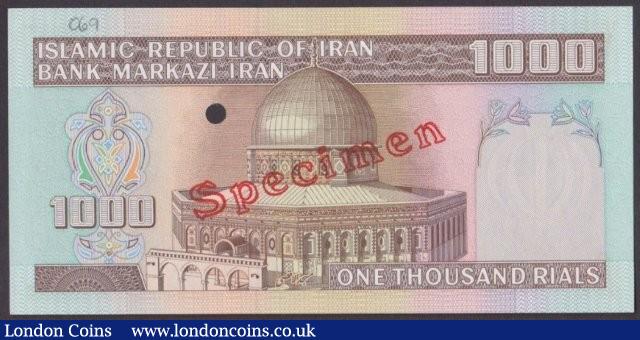 London Coins : A140 : Lot 547 : Iran 1000 rials issued 1982, Specimen No.069, series A/1 000000, SPECIMEN ovpt. & 1 ...