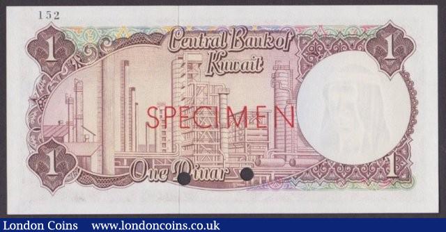 London Coins : A140 : Lot 570 : Kuwait 1 dinar issued 1968, Specimen No.152, series 000000, SPECIMEN ovpt. & 2 punch...