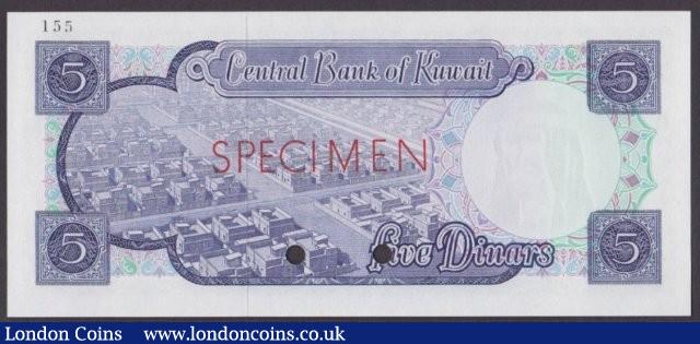 London Coins : A140 : Lot 574 : Kuwait 5 dinars issued 1968, Specimen No.155, series 000000, SPECIMEN ovpt. & 2 punc...