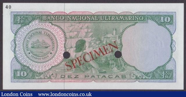 London Coins : A140 : Lot 593 : Macau 10 patacas issued 1968, Colour trial in green No.40, series 000000, SPECIMEN ovpt....