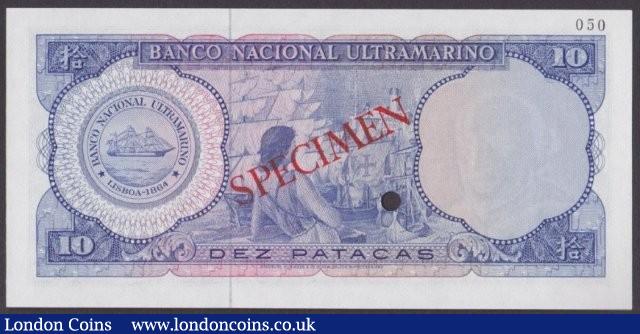 London Coins : A140 : Lot 594 : Macau 10 patacas issued 1977, Specimen No.050, series 0000000, SPECIMEN ovpt. & 2 pu...