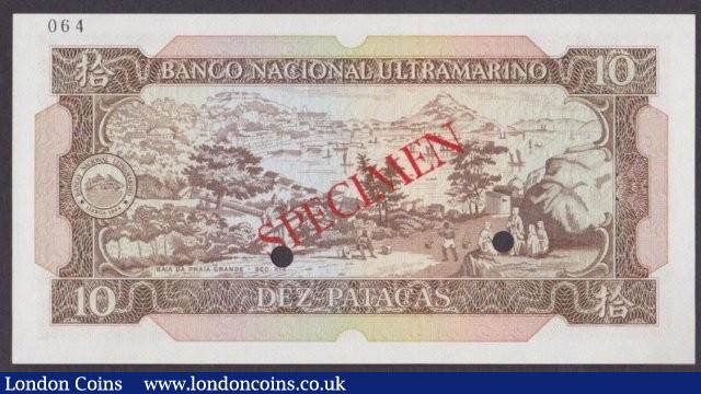 London Coins : A140 : Lot 595 : Macau 10 patacas issued 1981, Specimen No.064, series CA00000, SPECIMEN ovpt. & 2 pu...
