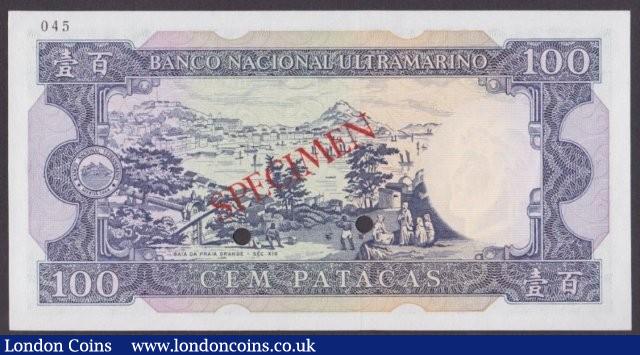 London Coins : A140 : Lot 596 : Macau 100 patacas issued 1981, Specimen No.045, series LA00000, SPECIMEN ovpt. & 2 p...