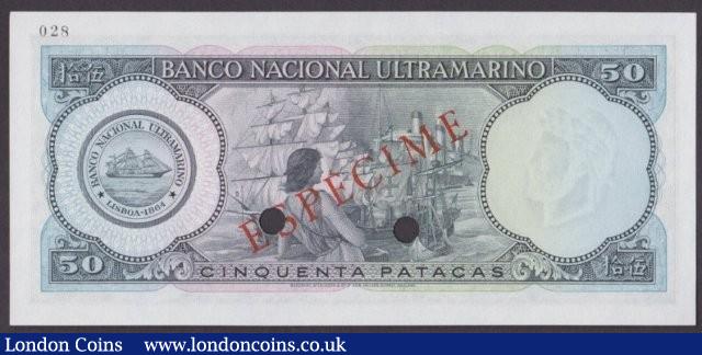 London Coins : A140 : Lot 601 : Macau 50 patacas issued 1976, Specimen No.028, series 000000, ESPECIME ovpt. & 2 pun...