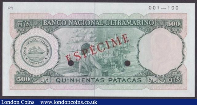 London Coins : A140 : Lot 603 : Macau 500 patacas issued 1979, Specimen No.29, series 000000, ESPECIME ovpt. & 2 pun...