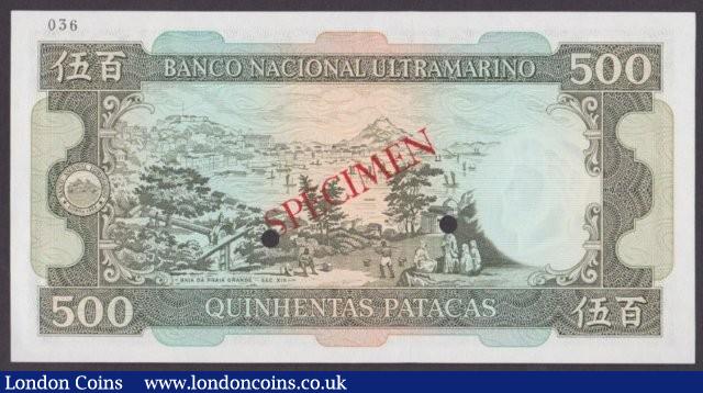 London Coins : A140 : Lot 604 : Macau 500 patacas issued 1981, Specimen No.036, series NA00000, SPECIMEN ovpt. & 2 p...