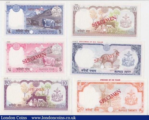 London Coins : A140 : Lot 611 : Nepal Specimens & colour trials (6), 5 rupees 1974 Specimen in red Pick23s and colour trial ...