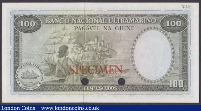 London Coins : A140 : Lot 636 : Portuguese Guinea 100 escudos issued 1971, Colour trial in olive green No.249, SPECIMEN ovpt...