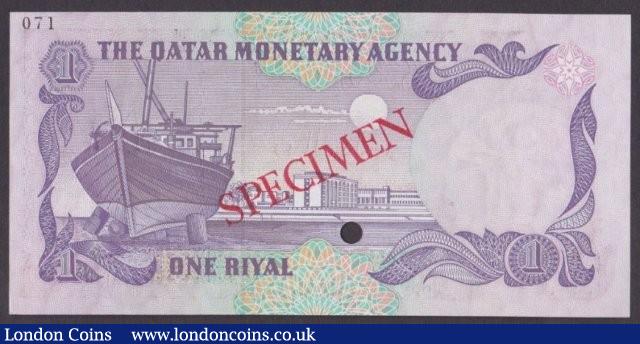 London Coins : A140 : Lot 643 : Qatar Monetary Agency 1 riyal issued 1985, Specimen No.071, SPECIMEN ovpt. & 1 punch-hol...