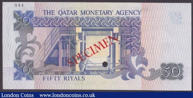 London Coins : A140 : Lot 650 : Qatar Monetary Agency 50 riyals issued 1989, Specimen No.044, SPECIMEN ovpt. & 1 punch-h...