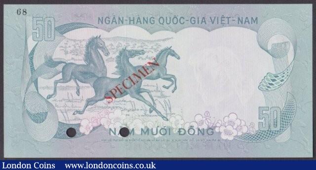 London Coins : A140 : Lot 695 : South Vietnam 50 dong issued 1966, Colour trial in purple and blue No.68, series A/1 000000&...