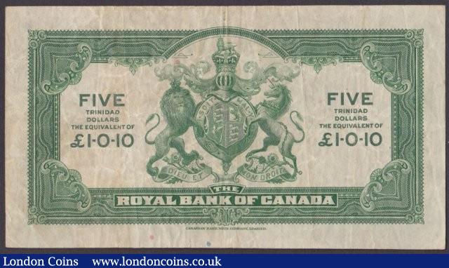 London Coins : A140 : Lot 736 : Trinidad & Tobago, The Royal Bank of Canada $5 dated January 3rd 1938 series No.104295&#...