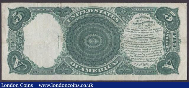 London Coins : A140 : Lot 747 : USA $5 dated 1907 series A24565910 signed Vernon & Treat, Woodchopper at centre, Pic...