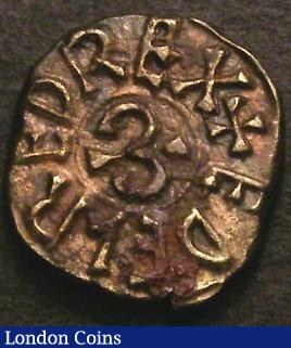 Anglo-Saxon Sceat in Brass Aethelred II First Reign 841-843/4, moneyer LEOFDEGN, Special motif issue with Omega in centre of obverse S.866 GVF Rare : Hammered Coins : Auction 141 : Lot 1067