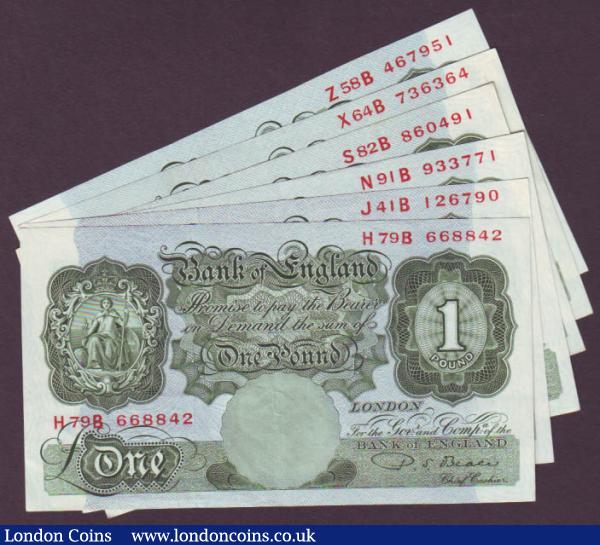 One pound Beale B268 (6) issued 1950, 1st series H79B plus J41B, N91B, S82B, X64B & Z58B, average EF : English Banknotes : Auction 141 : Lot 114