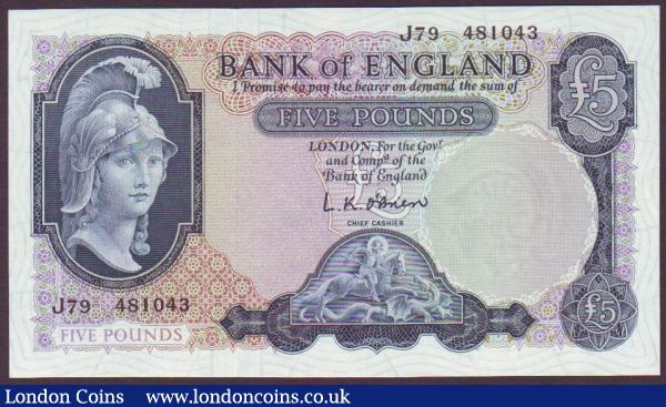 Five pounds O'Brien B280 Helmeted Britannia issued 1961 series J79 481043, about UNC : English Banknotes : Auction 141 : Lot 128