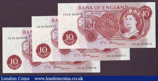 Ten shillings Fforde B310 issued 1967 (3) a consecutive numbered run series C01N 925676 to C01N 925678, UNC : English Banknotes : Auction 141 : Lot 148