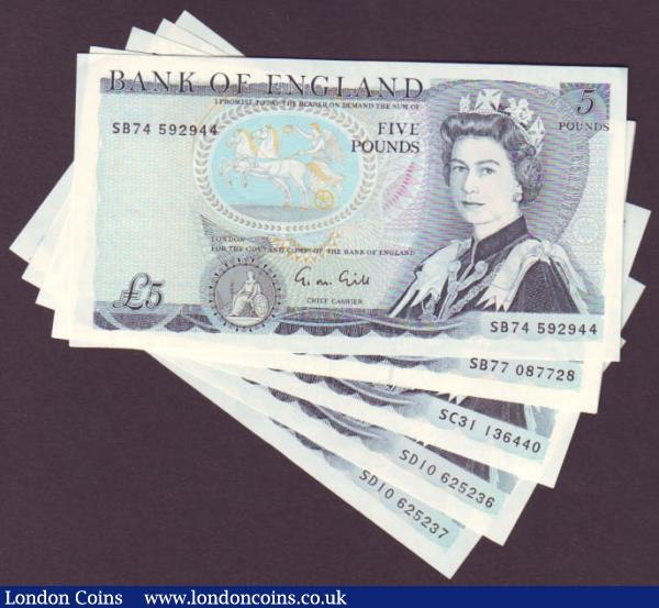 Five pounds Gill B353 (6) issued 1988, series SB74, SB77, SC05, SC31 and SD10 (2) a consecutive pair, UNC : English Banknotes : Auction 141 : Lot 179