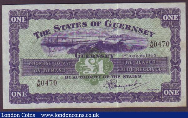 Guernsey £1 dated 1st August 1945 series 4/M 0470 signed Marquand, Pick43a faint edge toning, VF : World Banknotes : Auction 141 : Lot 271