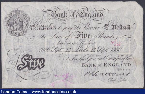 Five pounds Catterns white B228 dated 22nd September 1930, series 455/U 30353, LEEDS branch issue, inked annotations, VF and scarce : English Banknotes : Auction 141 : Lot 81
