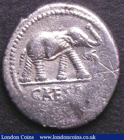 London Coins : A141 : Lot 1030 : Denarius Julius Caesar, Italy 49BC. Elephant trampling serpent, CAESAR in exergue, Rev. ...