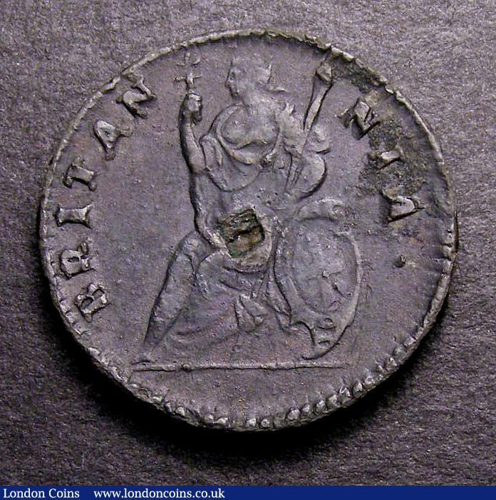 London Coins : A141 : Lot 1333 : Farthing 1685 Tin Charles II Peck 538 with all the edge bold and clear, VF with some light blist...