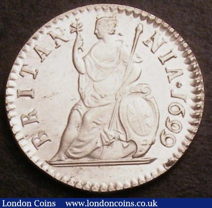 London Coins : A141 : Lot 1345 : Farthing 1699 Silver Proof Peck 682 nFDC with practically full lustre, one small spot on the top...