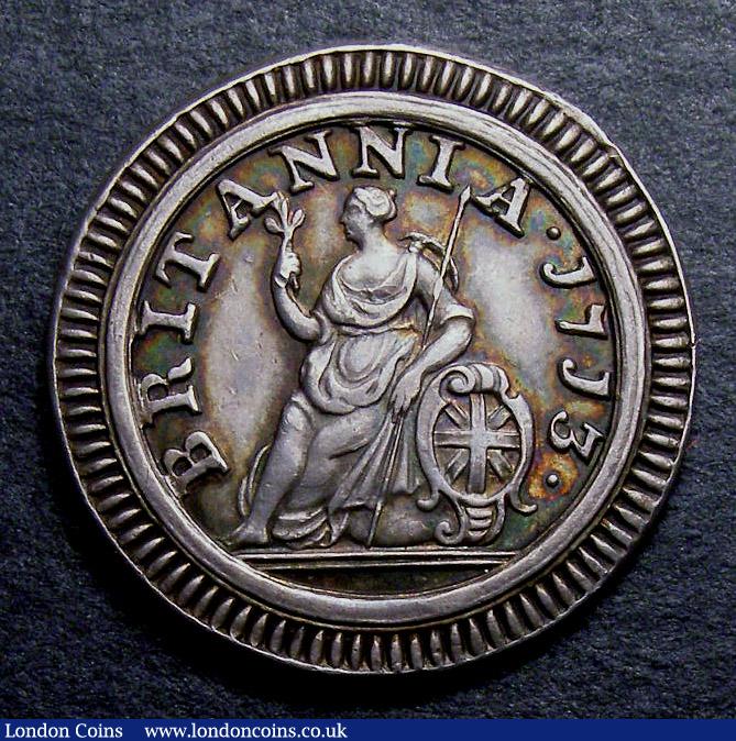 London Coins : A141 : Lot 1348 : Farthing 1713 Pattern in Silver on a large, thin flan Peck 746 Dies 4+B EF/AU with a colourful t...