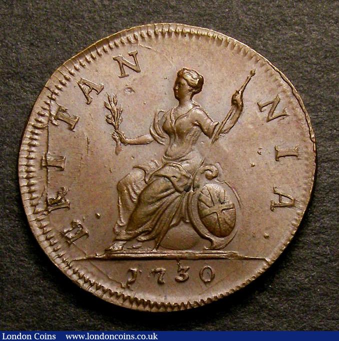 London Coins : A141 : Lot 1363 : Farthing 1730 Peck 854 chocolate toned UNC, some reverse die cracks, a choice example, t...