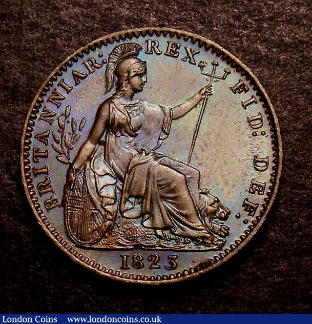 London Coins : A141 : Lot 1412 : Farthing 1823 Roman 1 in date Peck 1413 UNC with a choice blue tone, superior to the example in ...