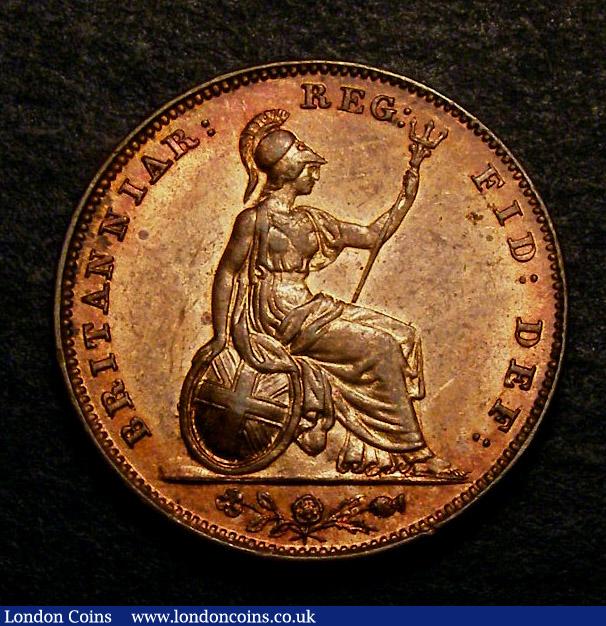 London Coins : A141 : Lot 1442 : Farthing 1849 Peck 1570 UNC with around 65% lustre with a contact mark on the portrait, very...