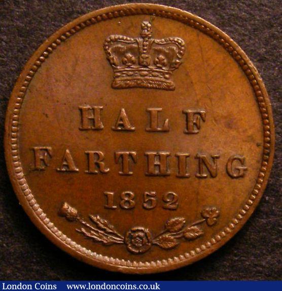 London Coins : A141 : Lot 1615 : Half Farthing 1852 Peck 1598 UNC toned with a couple of spots on the obverse, Ex-Colin Cooke 18/...