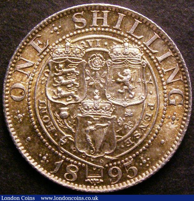 London Coins : A141 : Lot 2010 : Shilling 1895 Large Rose ESC 1364A Davies 1018 dies 2D UNC or near so, attractively toned with m...