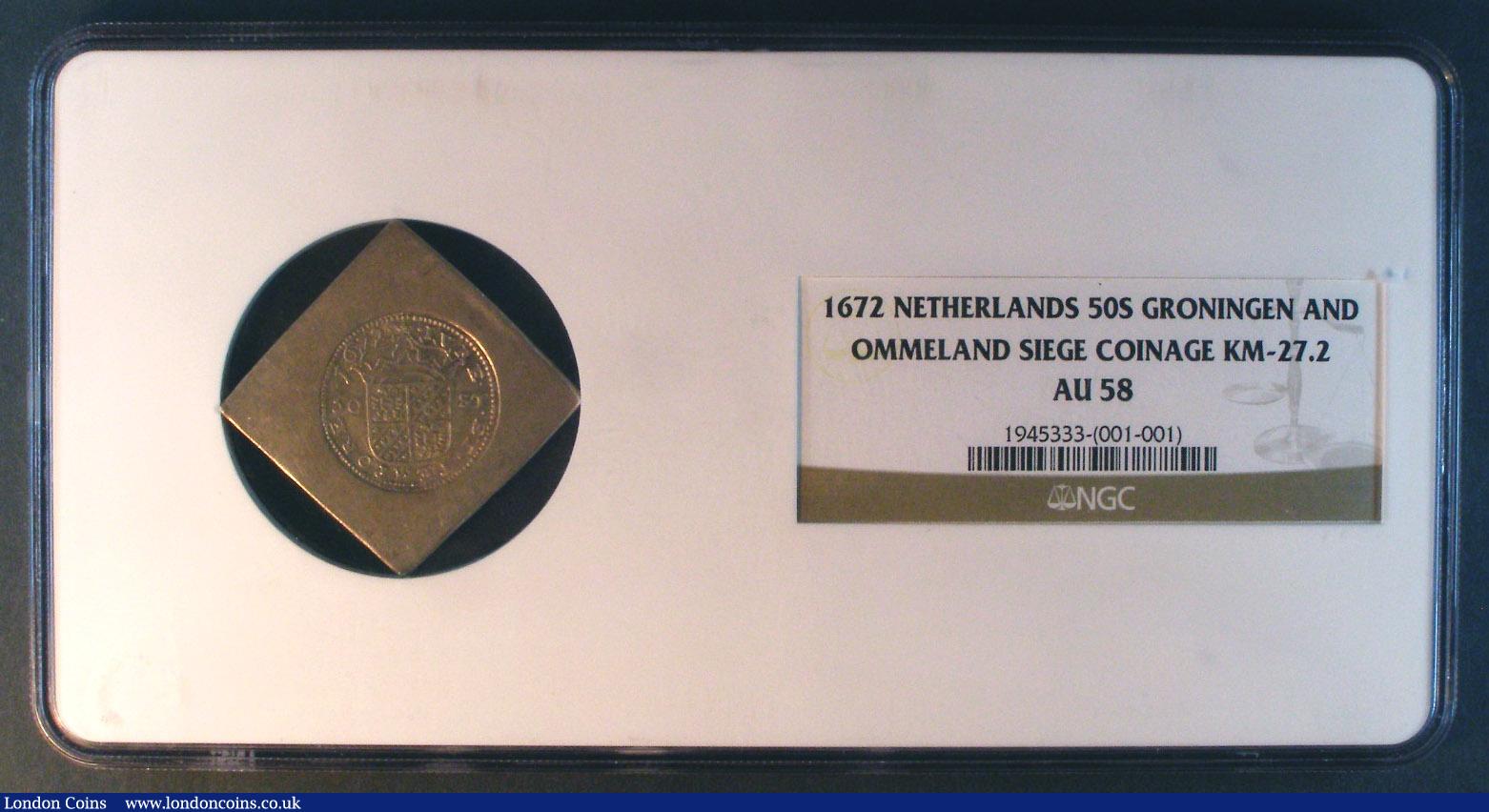 London Coins : A141 : Lot 866 : Netherlands - Groningen and Ommeland 50 Stuivers 1672 Siege Coinage KM#27.2 Uniface, Klippe,...