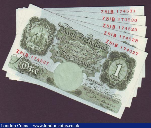 One pound Beale B268 (5) issued 1950, a consecutive numbered run Z81B 174527 to Z81B 174531, GEF or better : English Banknotes : Auction 142 : Lot 100