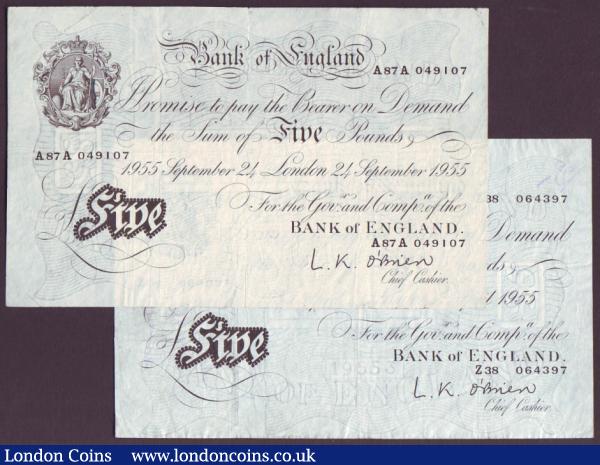 Five pounds O'Brien white (2) both dated 1955, B275 series Z38 inked numbers and B276 series A87A, both washed & pressed, Fine : English Banknotes : Auction 142 : Lot 107