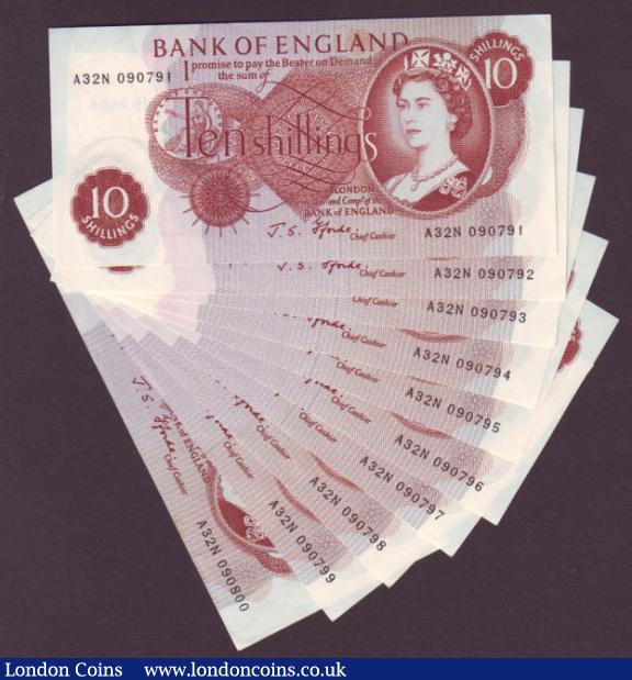 Ten shillings Fforde B310 (10) issued 1967, a consecutively numbered run 1st series A32N, GEF to about UNC : English Banknotes : Auction 142 : Lot 118