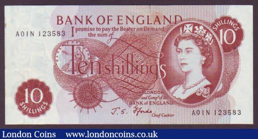 Ten shillings Fforde B310 issued 1967 very first run A01N 123583, tiny mark upper left edge, about UNC to UNC : English Banknotes : Auction 142 : Lot 120
