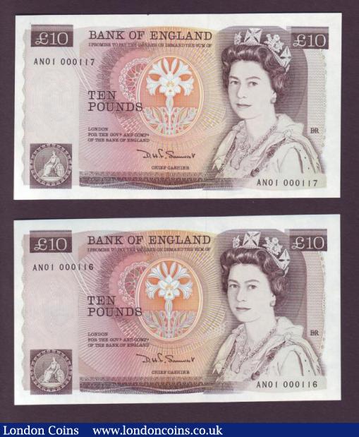 Ten Pounds Somerset B348 (2) issued 1984, a consecutive low numbered pair first run AN01 000116 & AN01 000117, about UNC to UNC : English Banknotes : Auction 142 : Lot 135