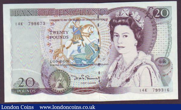 ERROR £20 Somerset B351 issued 1984 with mis-matched serial numbers 14K 798673 & 14K 799316, 5 tiny pinholes, about UNC : English Banknotes : Auction 142 : Lot 136